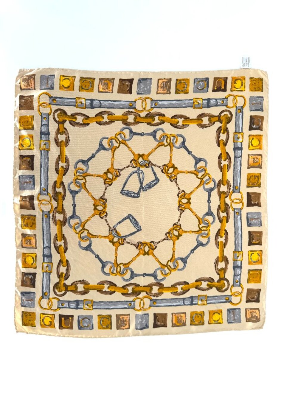 Vintage Gucci Horsebit Chain Silk Pocket Square Scarf Made in Italy 100% Silk